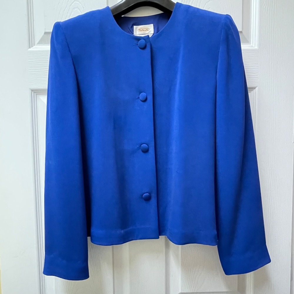 Vintage Talbots Sz 10 Blue 100% Silk 2 Piece‎ Suit Set Long Sleeve Jacket Pants